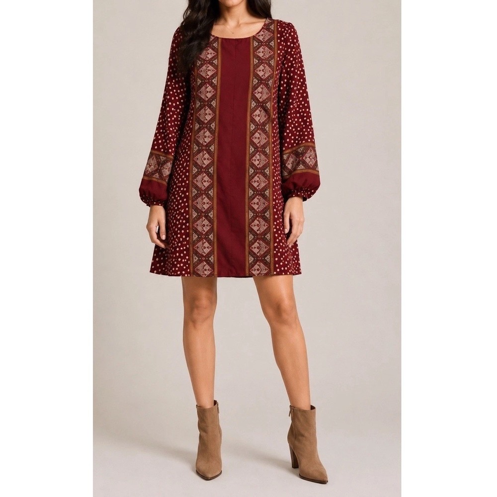 Peppermint Burgundy Boho Shift‎ Dress Balloon Sleeve Printed Womens Size M